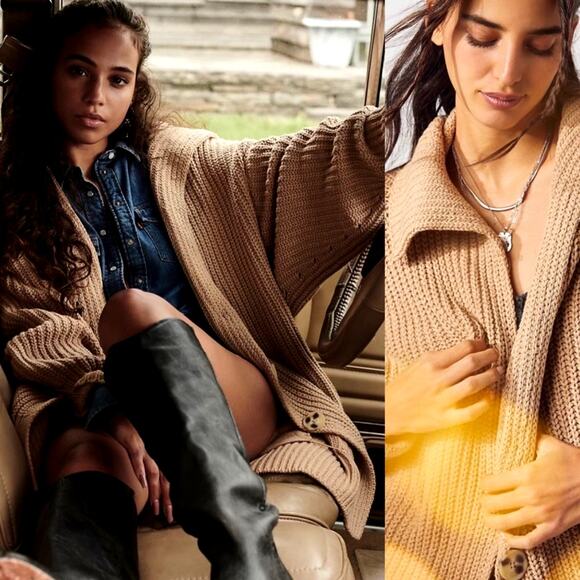 Free People Swim Deep Chunky Knit Oversized Cardigan Slouchy Sz S NEW - Picture 1 of 6